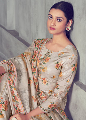 3 Pc Grey Unstitched Pure Cotton Suit Set - Indian Silk House Agencies