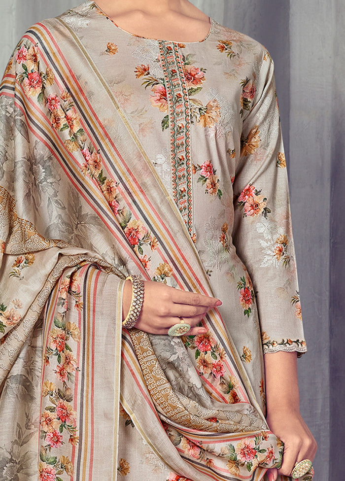 3 Pc Grey Unstitched Pure Cotton Suit Set - Indian Silk House Agencies