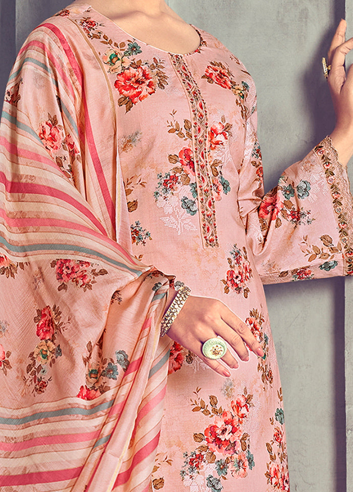 3 Pc Pink Unstitched Pure Cotton Suit Set - Indian Silk House Agencies