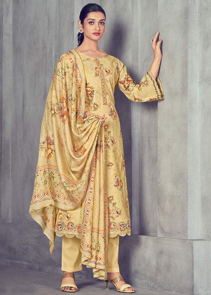 3 Pc Yellow Unstitched Pure Cotton Suit Set - Indian Silk House Agencies