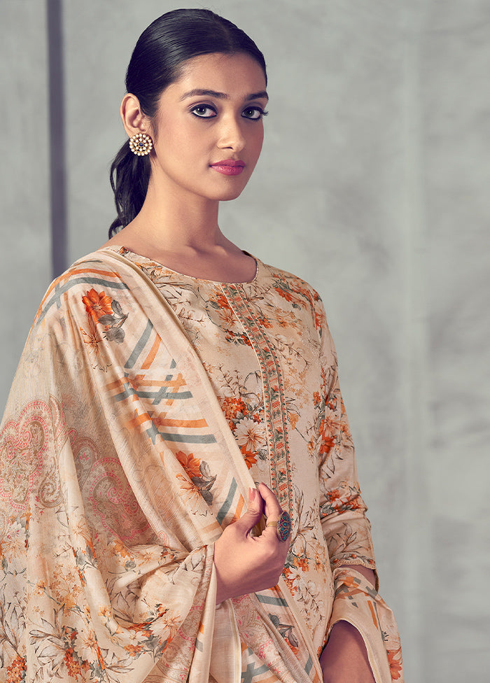 3 Pc Peach Unstitched Pure Cotton Suit Set - Indian Silk House Agencies