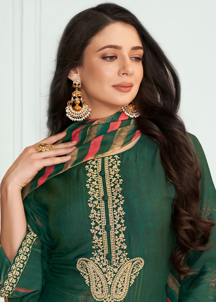 3 Pc Green Unstitched Muslin Suit Set - Indian Silk House Agencies