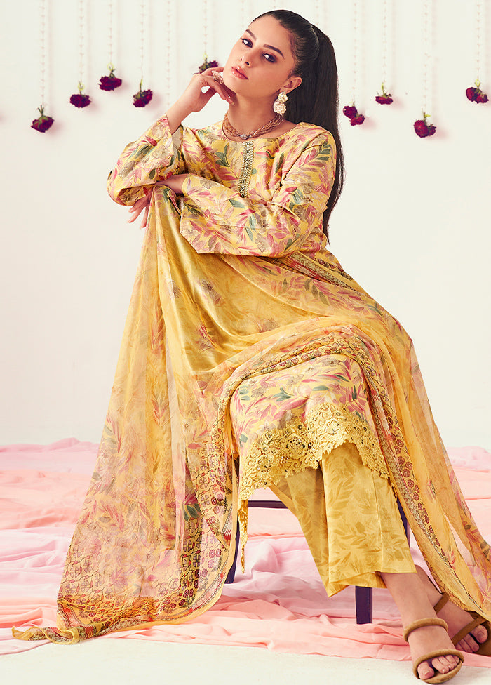 3 Pc Yellow Unstitched Pure Cotton Suit Set - Indian Silk House Agencies