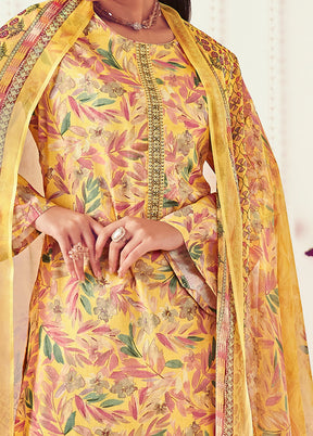 3 Pc Yellow Unstitched Pure Cotton Suit Set - Indian Silk House Agencies