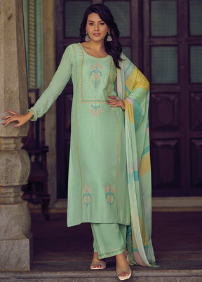 3 Pc Green Unstitched Rayon Suit Set - Indian Silk House Agencies