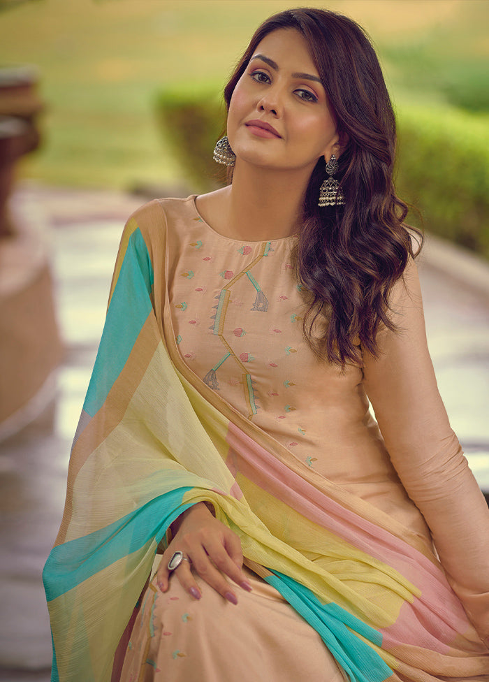 3 Pc Peach Unstitched Rayon Suit Set - Indian Silk House Agencies