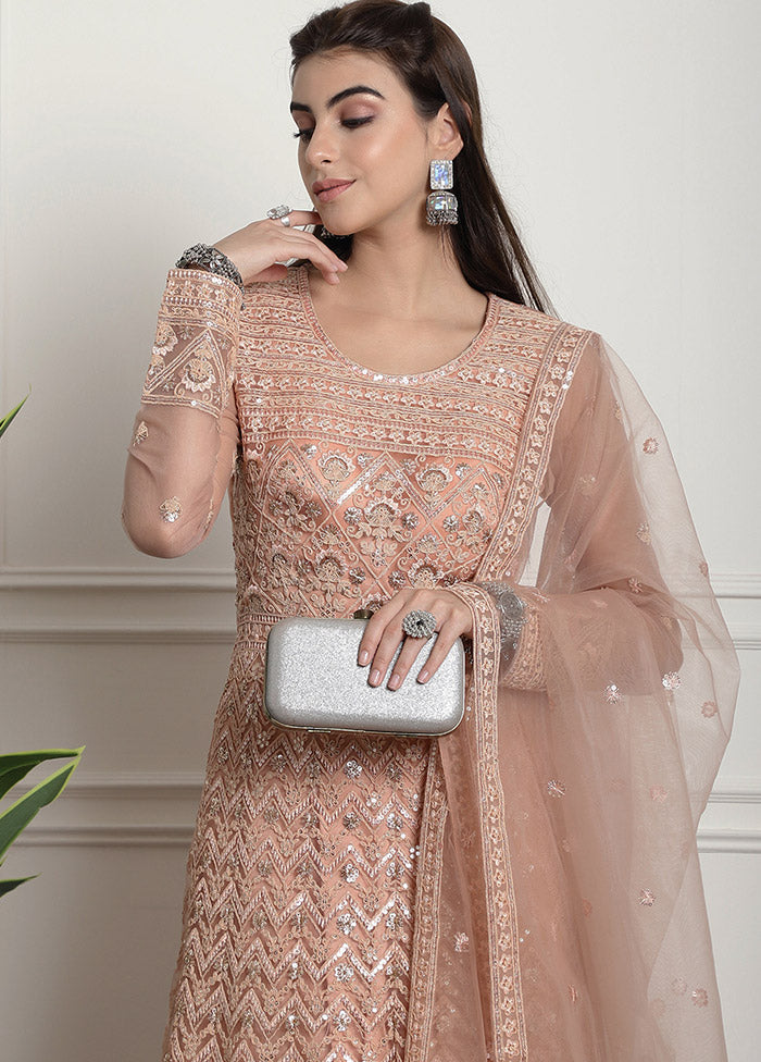 peach and gold indian dress Photo of coral and gold anarkali