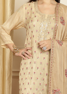 3 Pc Cream Unstitched Pure Santoon Suit Set - Indian Silk House Agencies