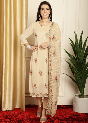 3 Pc Cream Unstitched Pure Santoon Suit Set - Indian Silk House Agencies