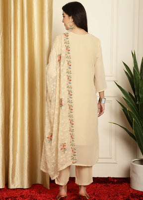 3 Pc Cream Unstitched Pure Santoon Suit Set - Indian Silk House Agencies