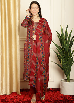 3 Pc Maroon Unstitched Pashmina Suit Set - Indian Silk House Agencies