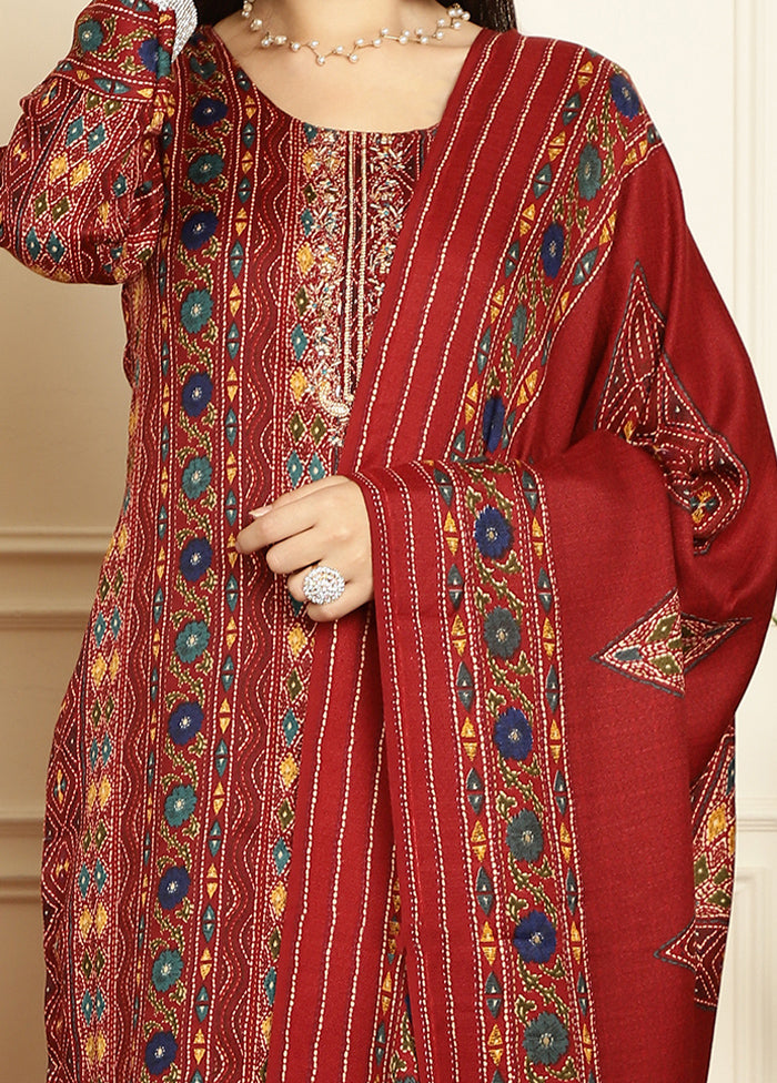 3 Pc Maroon Unstitched Pashmina Suit Set - Indian Silk House Agencies
