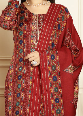 3 Pc Maroon Unstitched Pashmina Suit Set - Indian Silk House Agencies