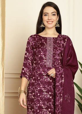 3 Pc Maroon Unstitched Pashmina Suit Set - Indian Silk House Agencies