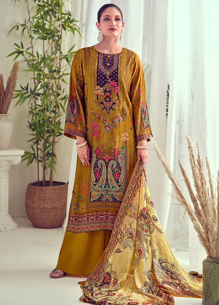 3 Pc Yellow Unstitched Muslin Suit Set - Indian Silk House Agencies