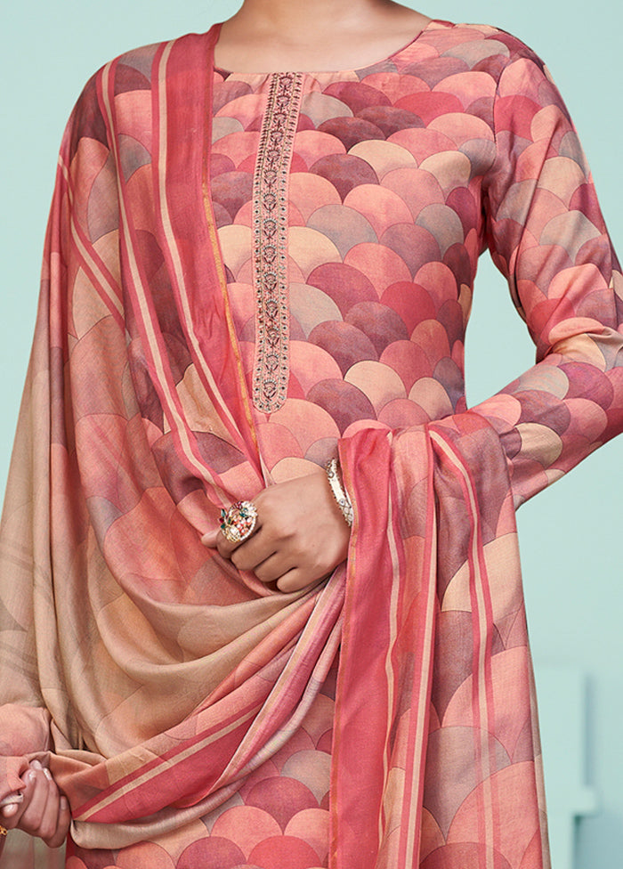 3 Pc Peach Unstitched Muslin Suit Set - Indian Silk House Agencies