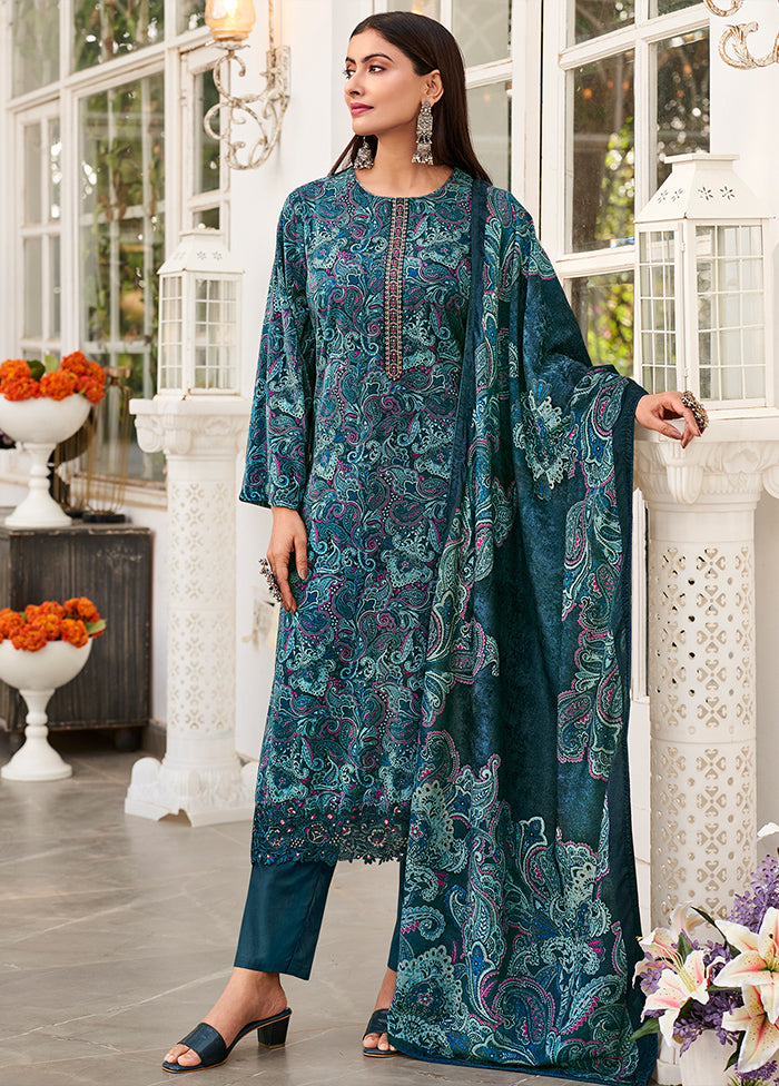 3 Pc Blue Unstitched Pashmina Suit Set - Indian Silk House Agencies
