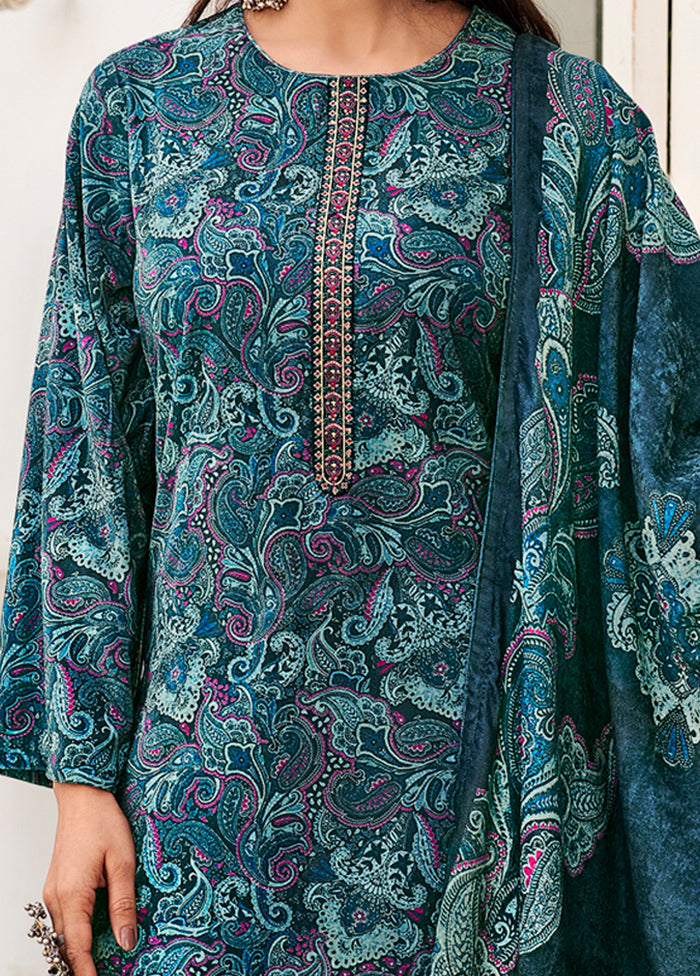 3 Pc Blue Unstitched Pashmina Suit Set - Indian Silk House Agencies