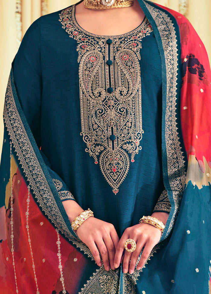 3 Pc Blue Unstitched Muslin Suit Set - Indian Silk House Agencies