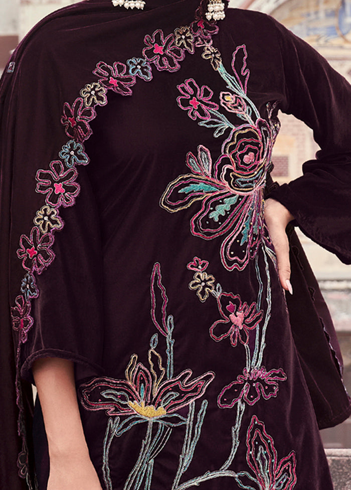 3 Pc Maroon Unstitched Velvet Suit Set - Indian Silk House Agencies