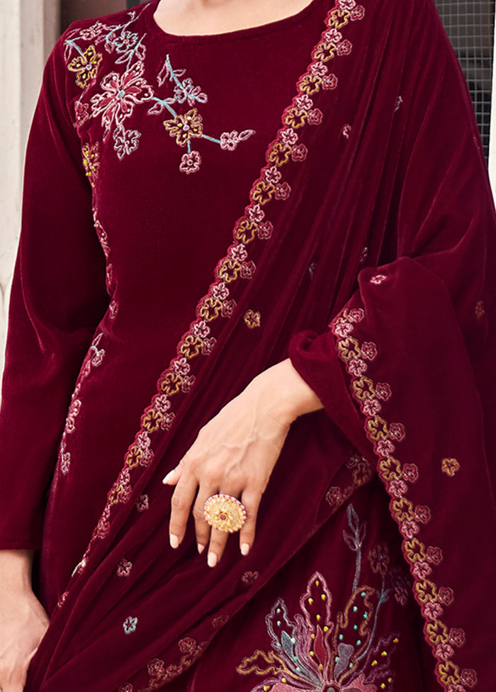 3 Pc Maroon Unstitched Velvet Suit Set - Indian Silk House Agencies