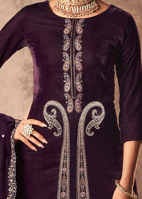 3 Pc Maroon Unstitched Velvet Suit Set - Indian Silk House Agencies