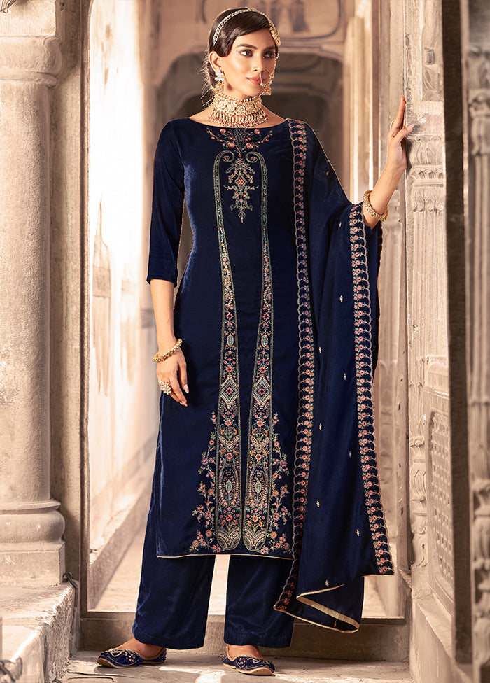 3 Pc Blue Unstitched Velvet Suit Set - Indian Silk House Agencies