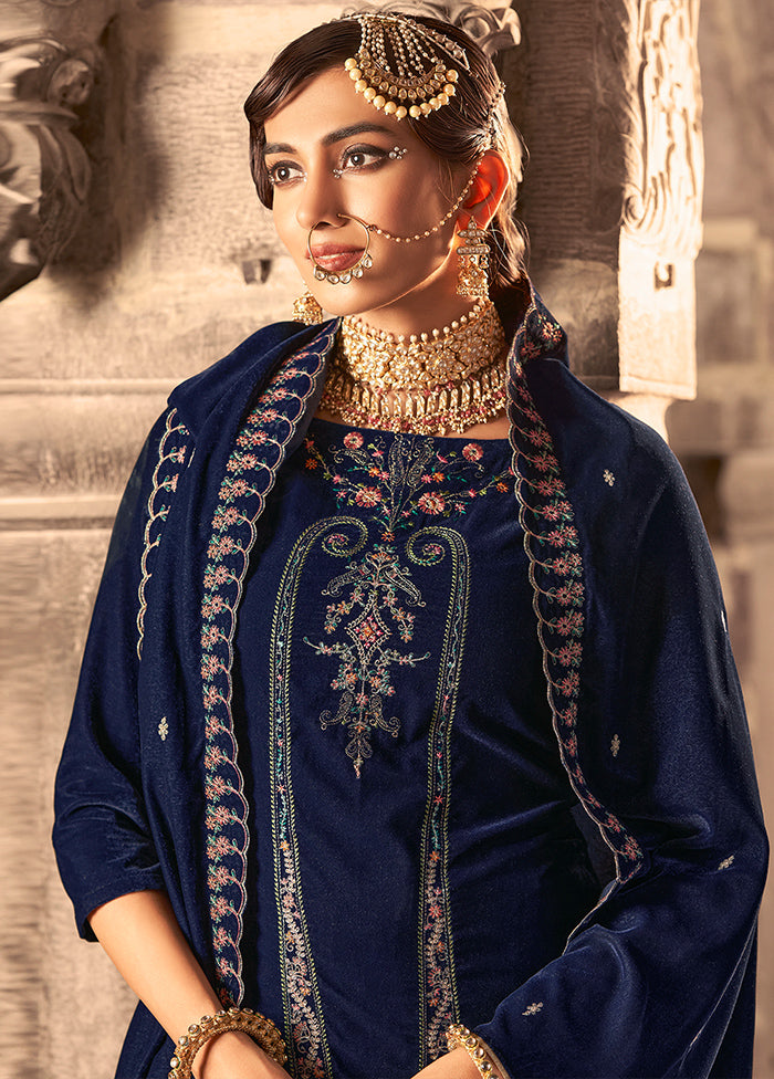 3 Pc Blue Unstitched Velvet Suit Set - Indian Silk House Agencies