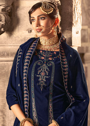 3 Pc Blue Unstitched Velvet Suit Set - Indian Silk House Agencies