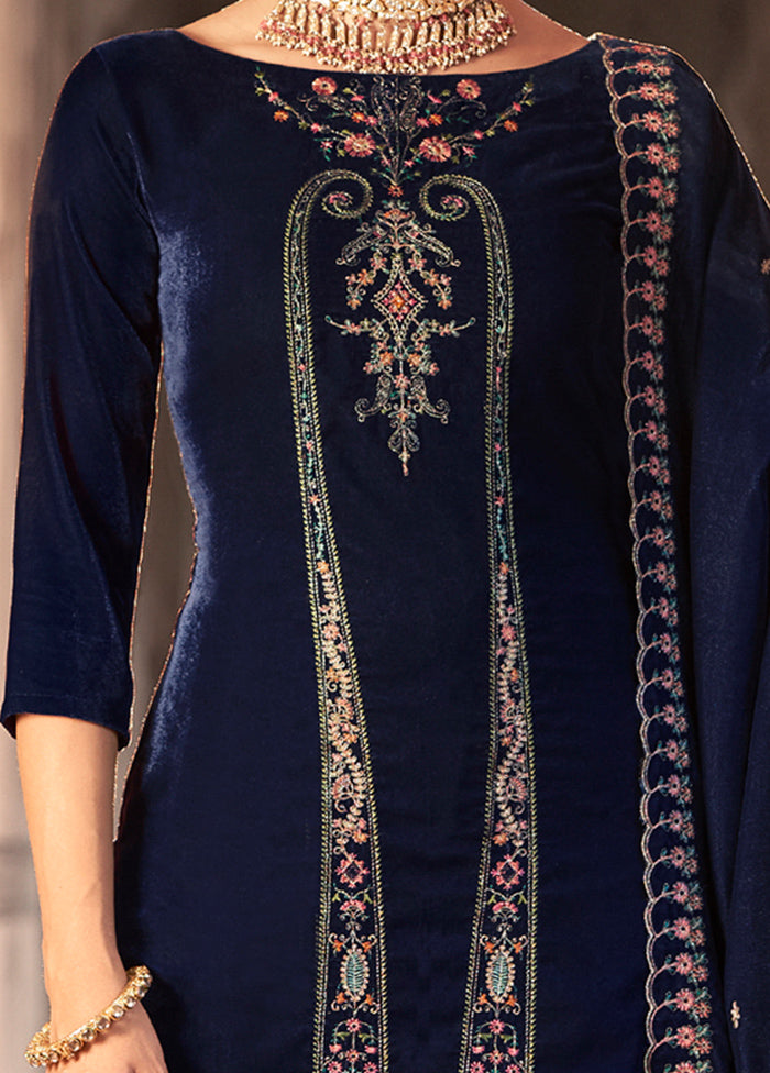 3 Pc Blue Unstitched Velvet Suit Set - Indian Silk House Agencies