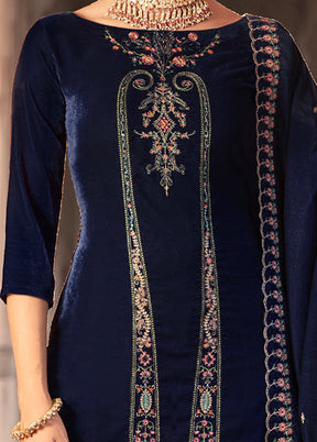 3 Pc Blue Unstitched Velvet Suit Set - Indian Silk House Agencies