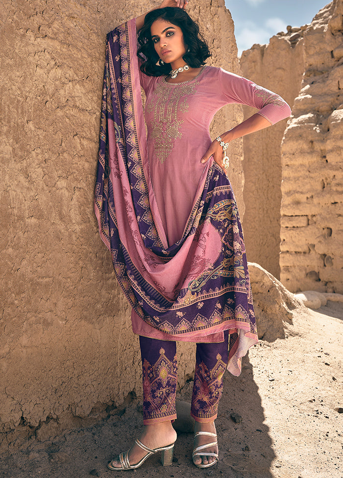 3 Pc Pink Unstitched Pashmina Suit Set - Indian Silk House Agencies