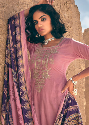 3 Pc Pink Unstitched Pashmina Suit Set - Indian Silk House Agencies