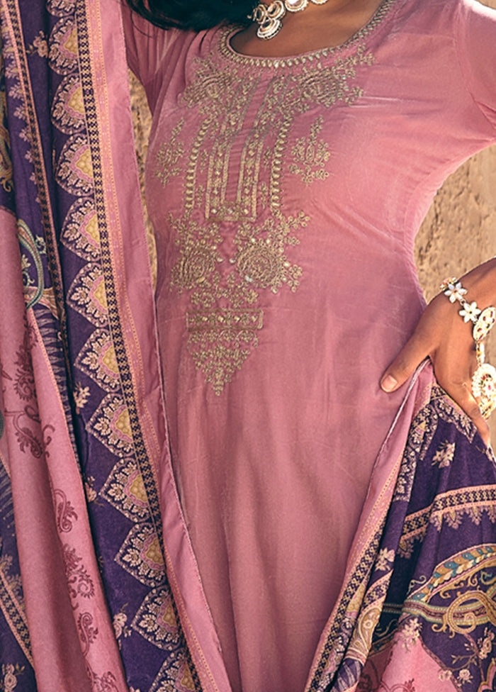 3 Pc Pink Unstitched Pashmina Suit Set - Indian Silk House Agencies