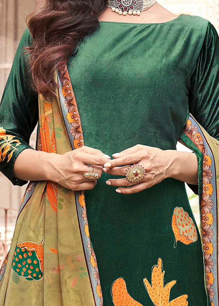 3 Pc Green Unstitched Pashmina Suit Set - Indian Silk House Agencies