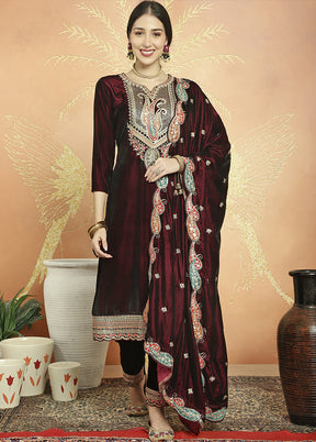 3 Pc Maroon Unstitched Velvet Suit Set - Indian Silk House Agencies