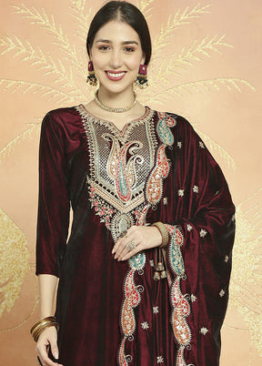 3 Pc Maroon Unstitched Velvet Suit Set - Indian Silk House Agencies