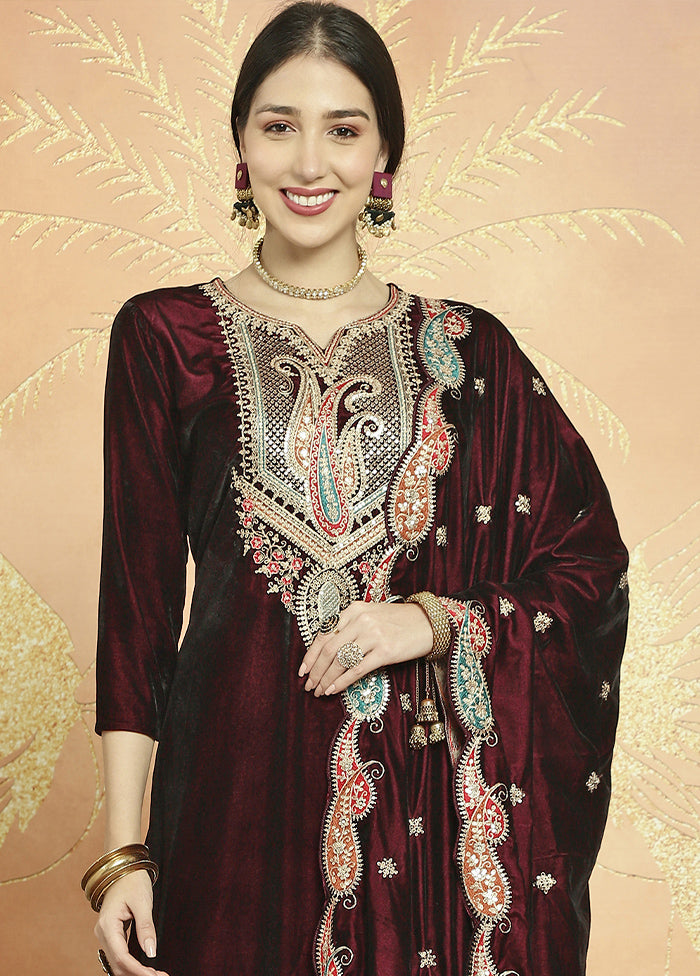 3 Pc Maroon Unstitched Velvet Suit Set - Indian Silk House Agencies