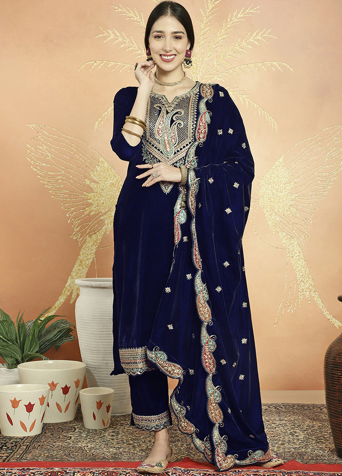 3 Pc Blue Unstitched Velvet Suit Set - Indian Silk House Agencies