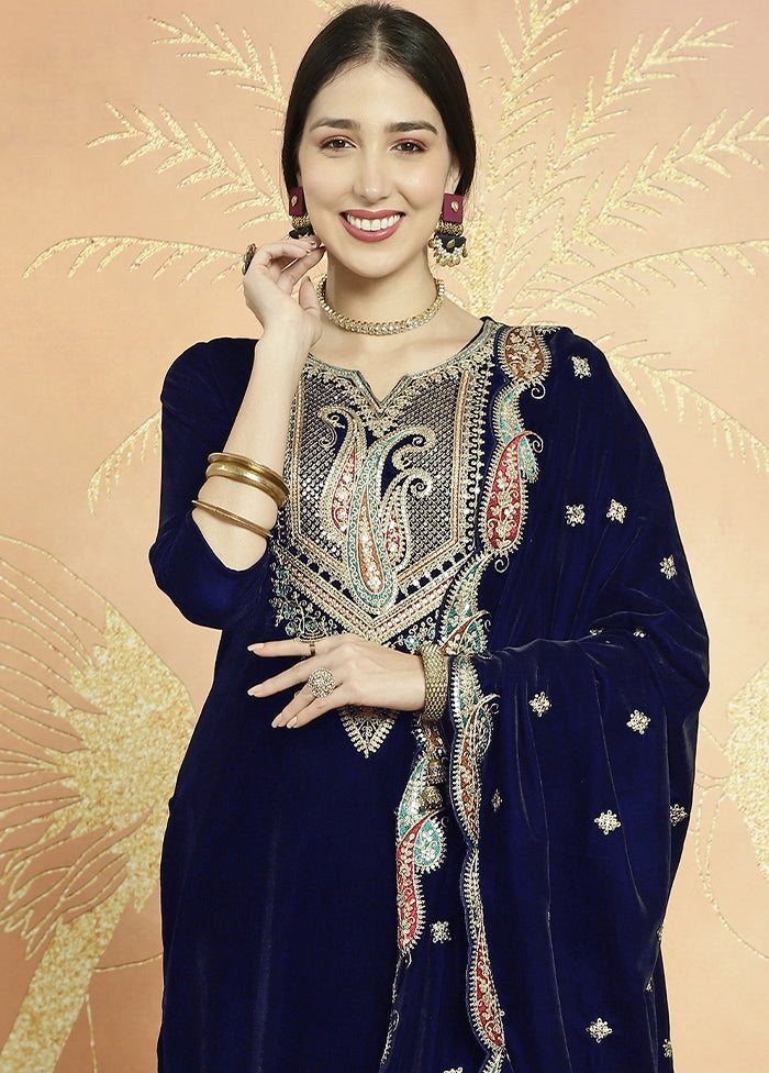 3 Pc Blue Unstitched Velvet Suit Set - Indian Silk House Agencies