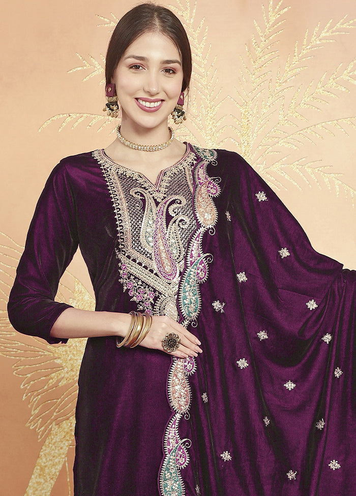 3 Pc Maroon Unstitched Velvet Suit Set - Indian Silk House Agencies