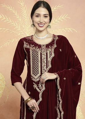 3 Pc Maroon Unstitched Velvet Suit Set - Indian Silk House Agencies
