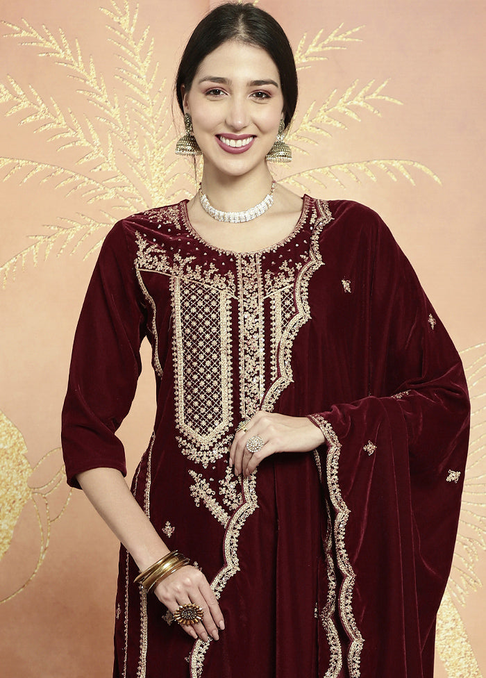 3 Pc Maroon Unstitched Velvet Suit Set - Indian Silk House Agencies