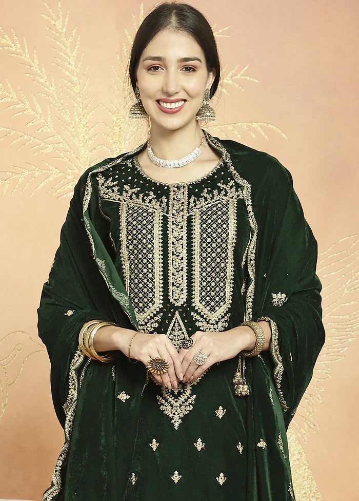 3 Pc Green Unstitched Velvet Suit Set - Indian Silk House Agencies