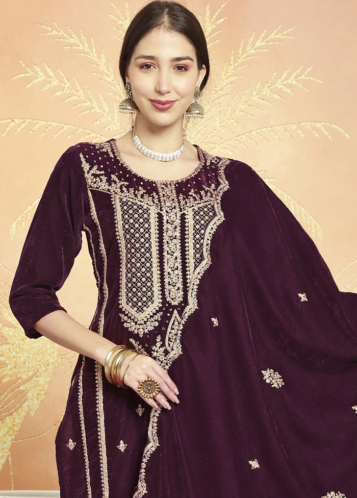 3 Pc Maroon Unstitched Velvet Suit Set - Indian Silk House Agencies