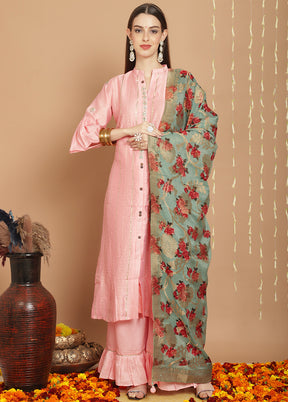 3 Pc Peach Unstitched Silk Suit Set - Indian Silk House Agencies