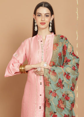 3 Pc Peach Unstitched Silk Suit Set - Indian Silk House Agencies