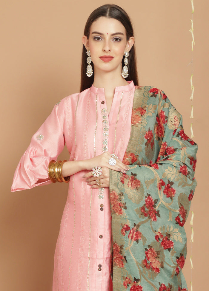 3 Pc Peach Unstitched Silk Suit Set - Indian Silk House Agencies