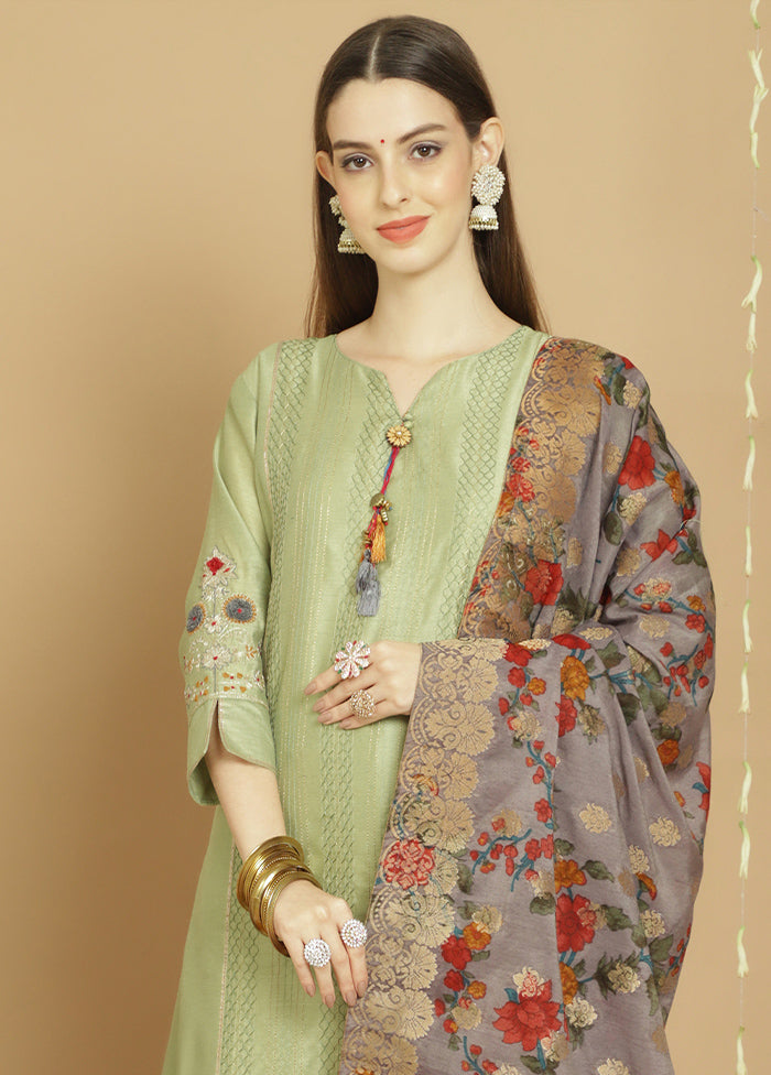 3 Pc Green Unstitched Silk Suit Set - Indian Silk House Agencies