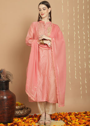 3 Pc Peach Unstitched Silk Suit Set - Indian Silk House Agencies